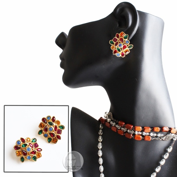 Vintage Yves Saint Laurent Earrings Multicolor Glass Rhinestones Clip Style HTF